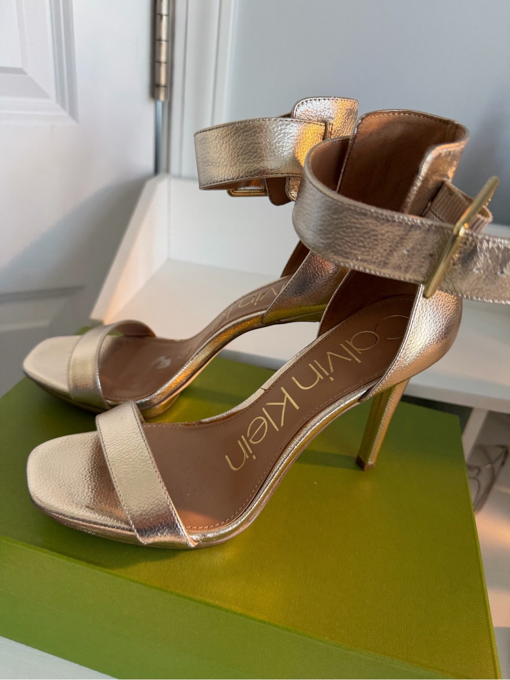 Calvin Klein Rose Gold Ankle-Strap Stiletto Sandals